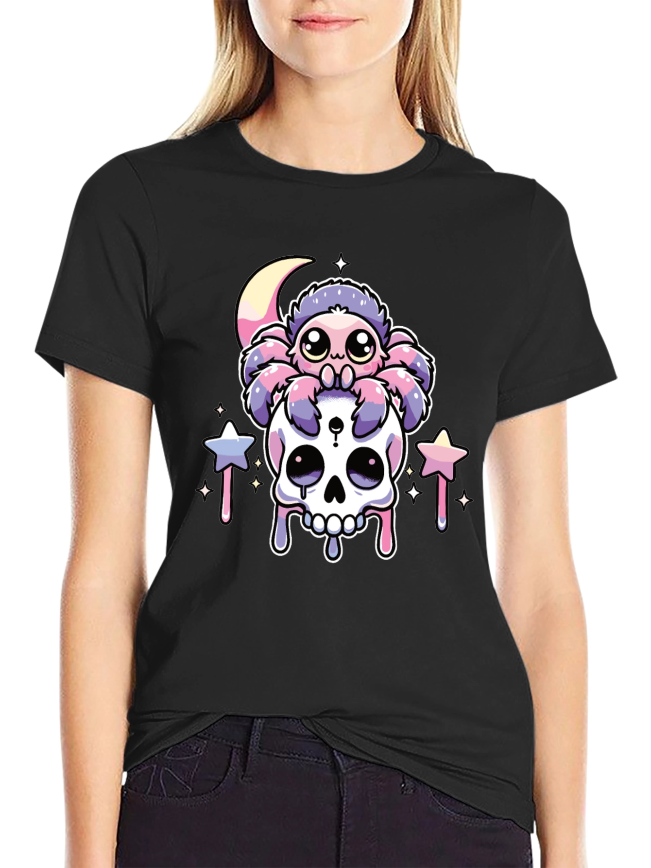 Cute Kawaii Spider on Skull Graphic T-Shirt