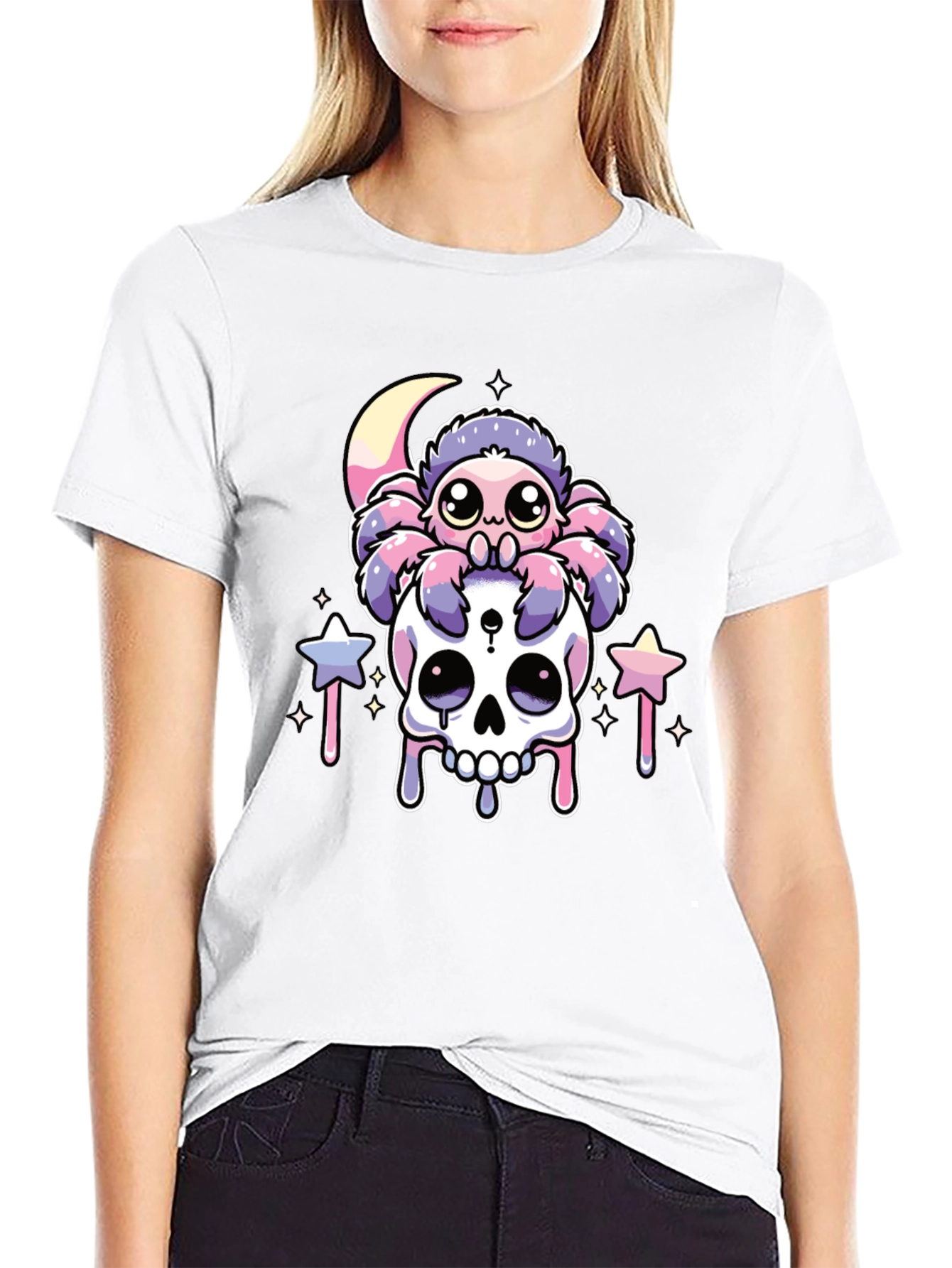 Cute Kawaii Spider on Skull Graphic T-Shirt
