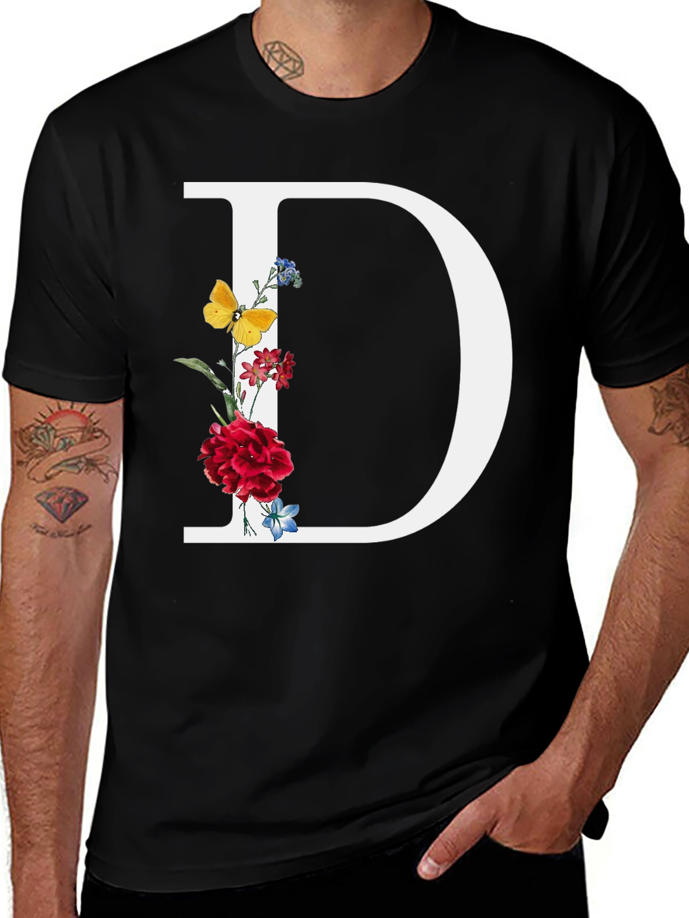 Floral Letter D T-Shirt - Trendy Alphabet Tee