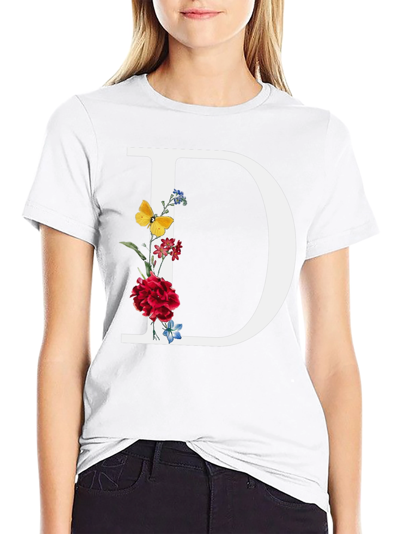 Floral Letter D T-Shirt - Trendy Alphabet Tee