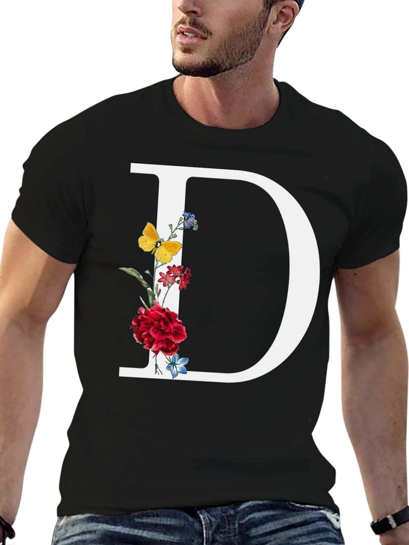 Floral Letter D T-Shirt - Trendy Alphabet Tee