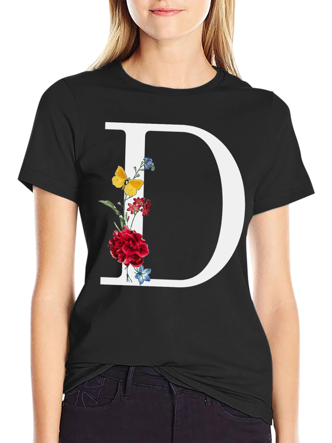 Floral Letter D T-Shirt - Trendy Alphabet Tee