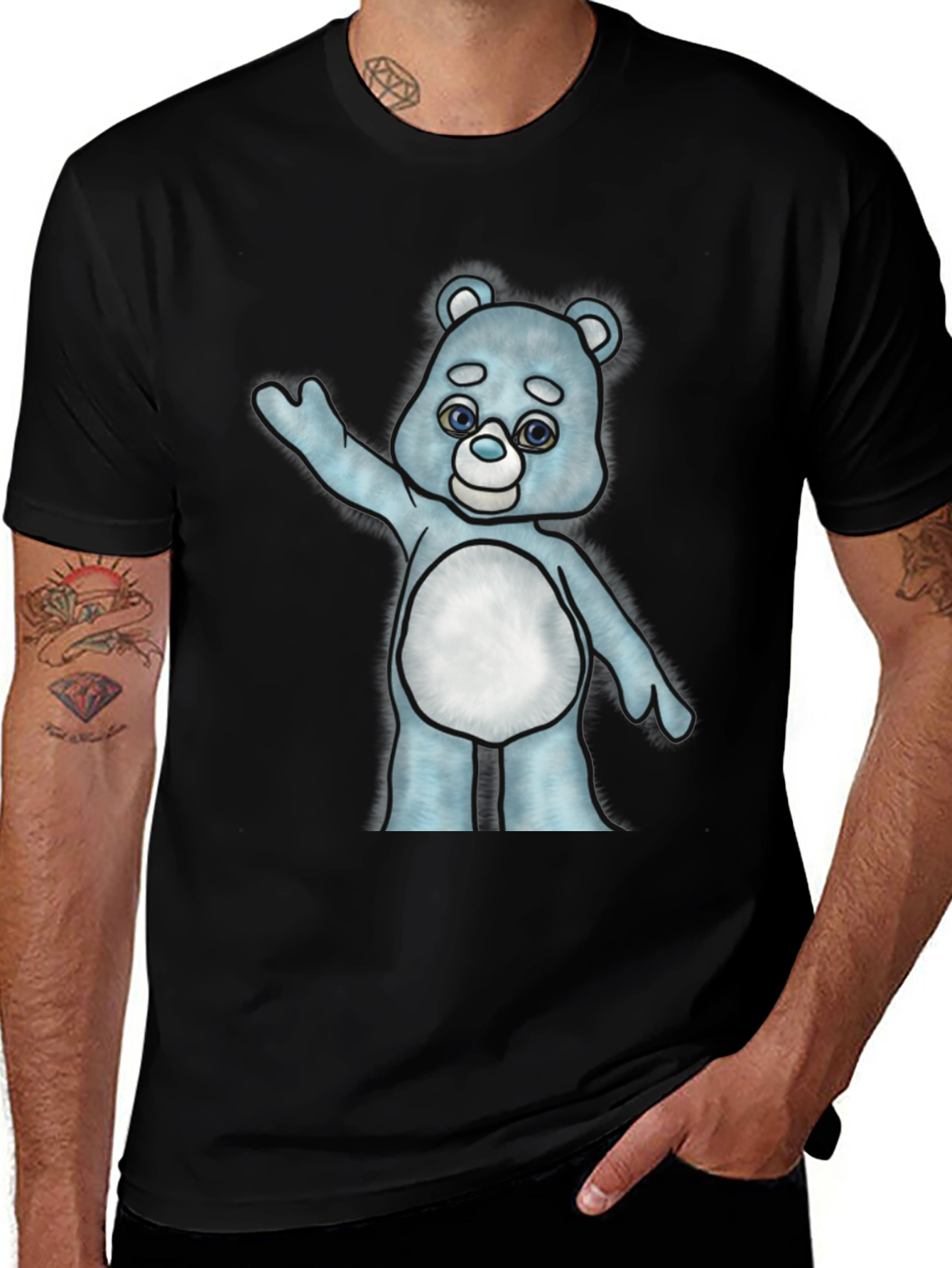 Cute Cartoon Bear Graphic T-Shirt - Black Cotton Tee