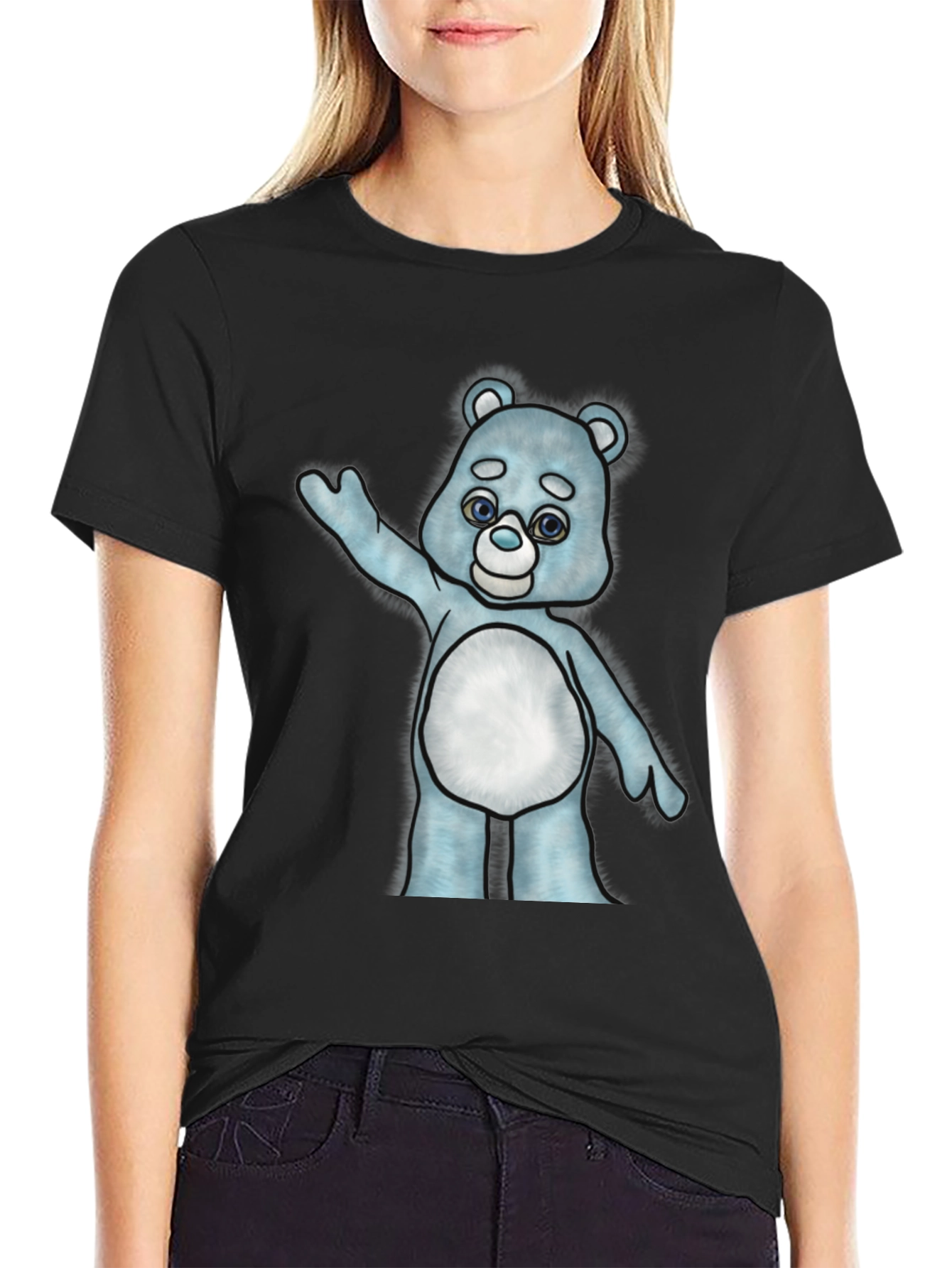 Cute Cartoon Bear Graphic T-Shirt - Black Cotton Tee