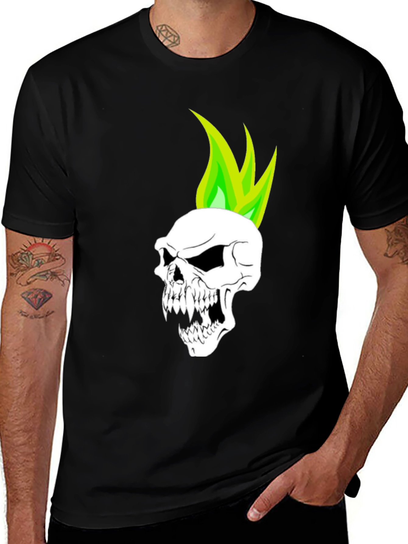 Skull with Green Flame T-Shirt - Graphic Tee