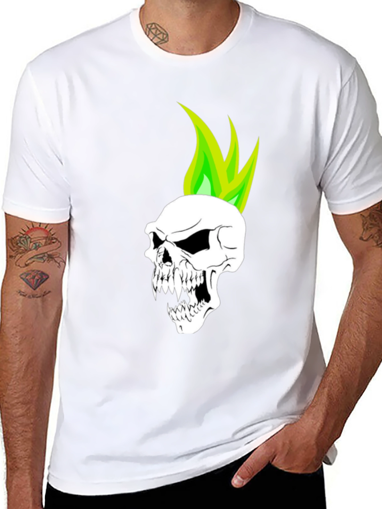Skull with Green Flame T-Shirt - Graphic Tee