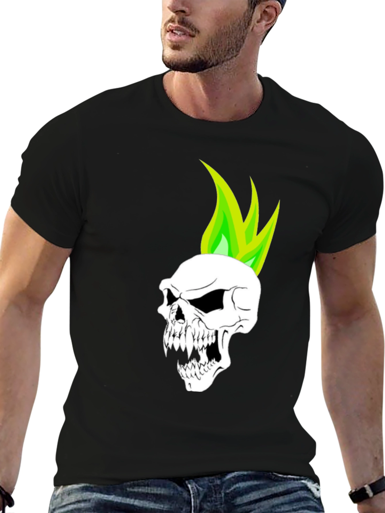 Skull with Green Flame T-Shirt - Graphic Tee