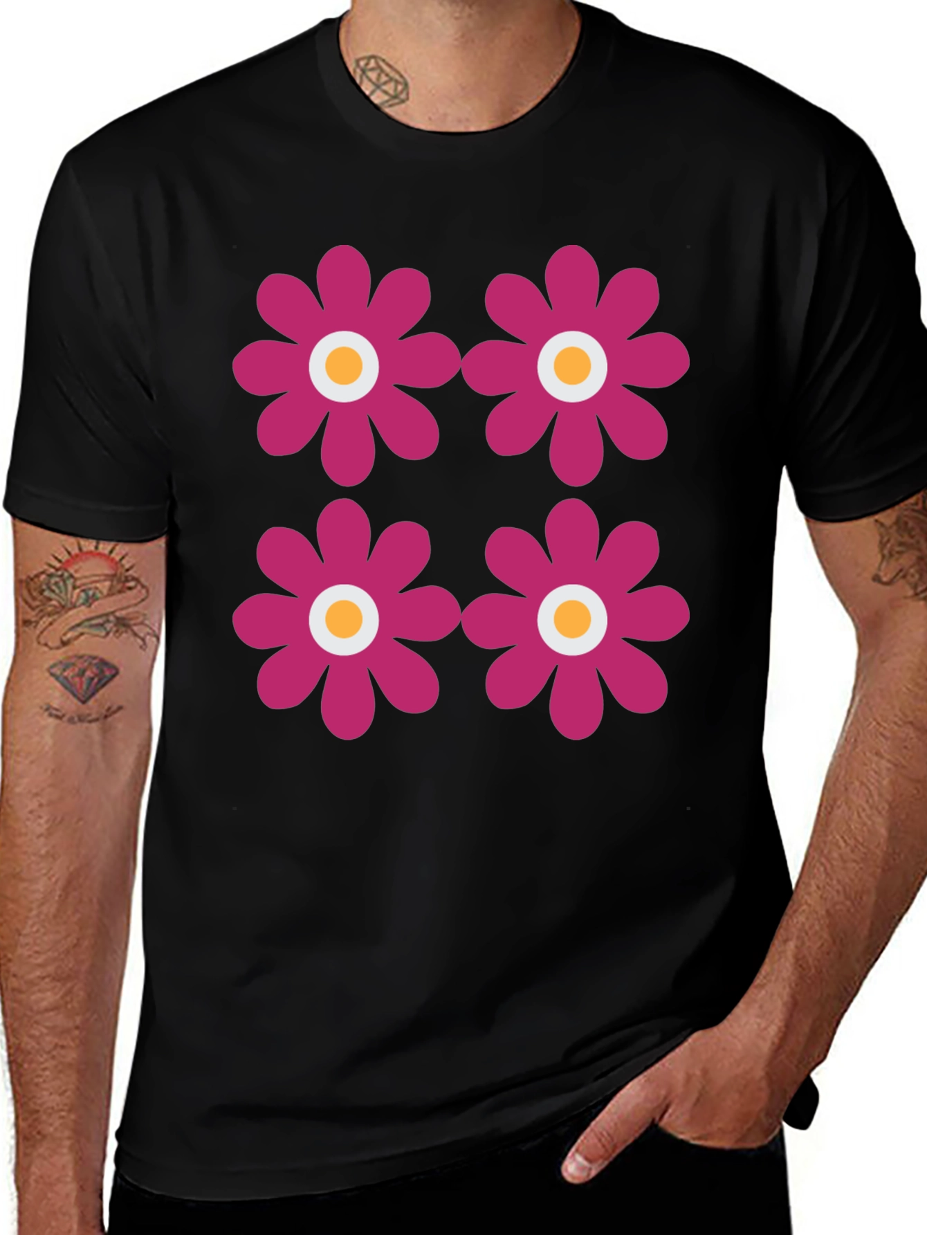 Retro Flower Power Tee - Black Graphic Print T-Shirt