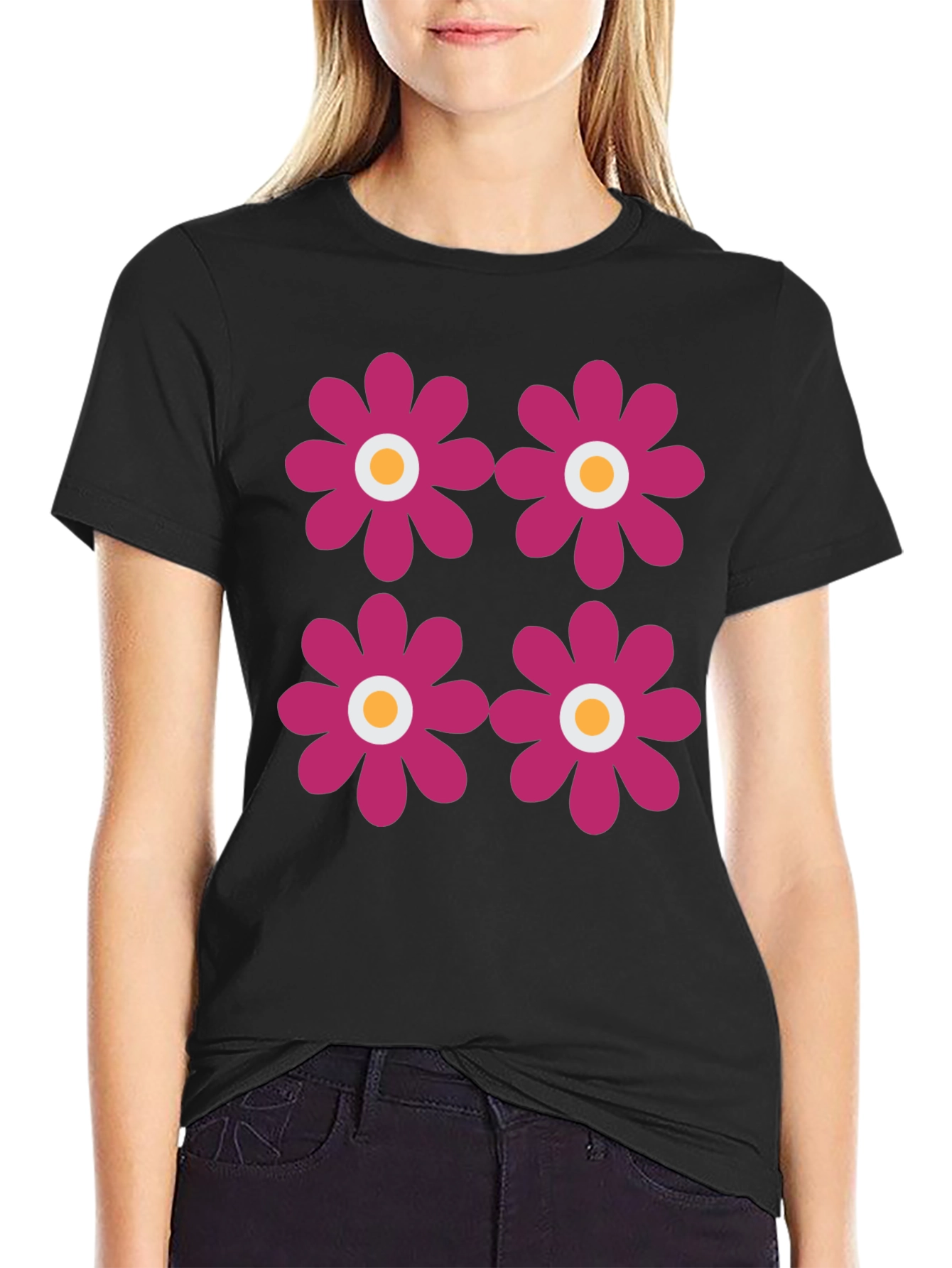 Retro Flower Power Tee - Black Graphic Print T-Shirt
