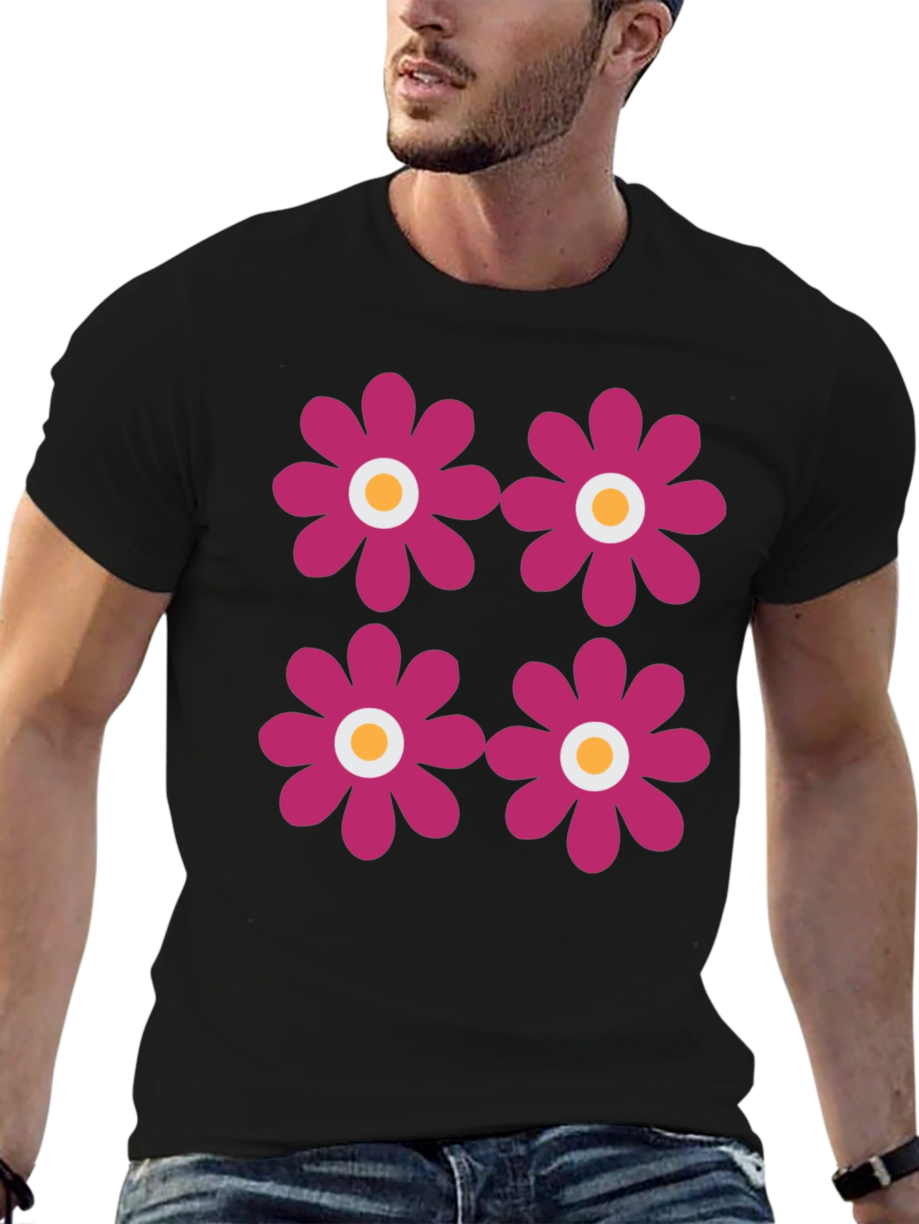 Retro Flower Power Tee - Black Graphic Print T-Shirt