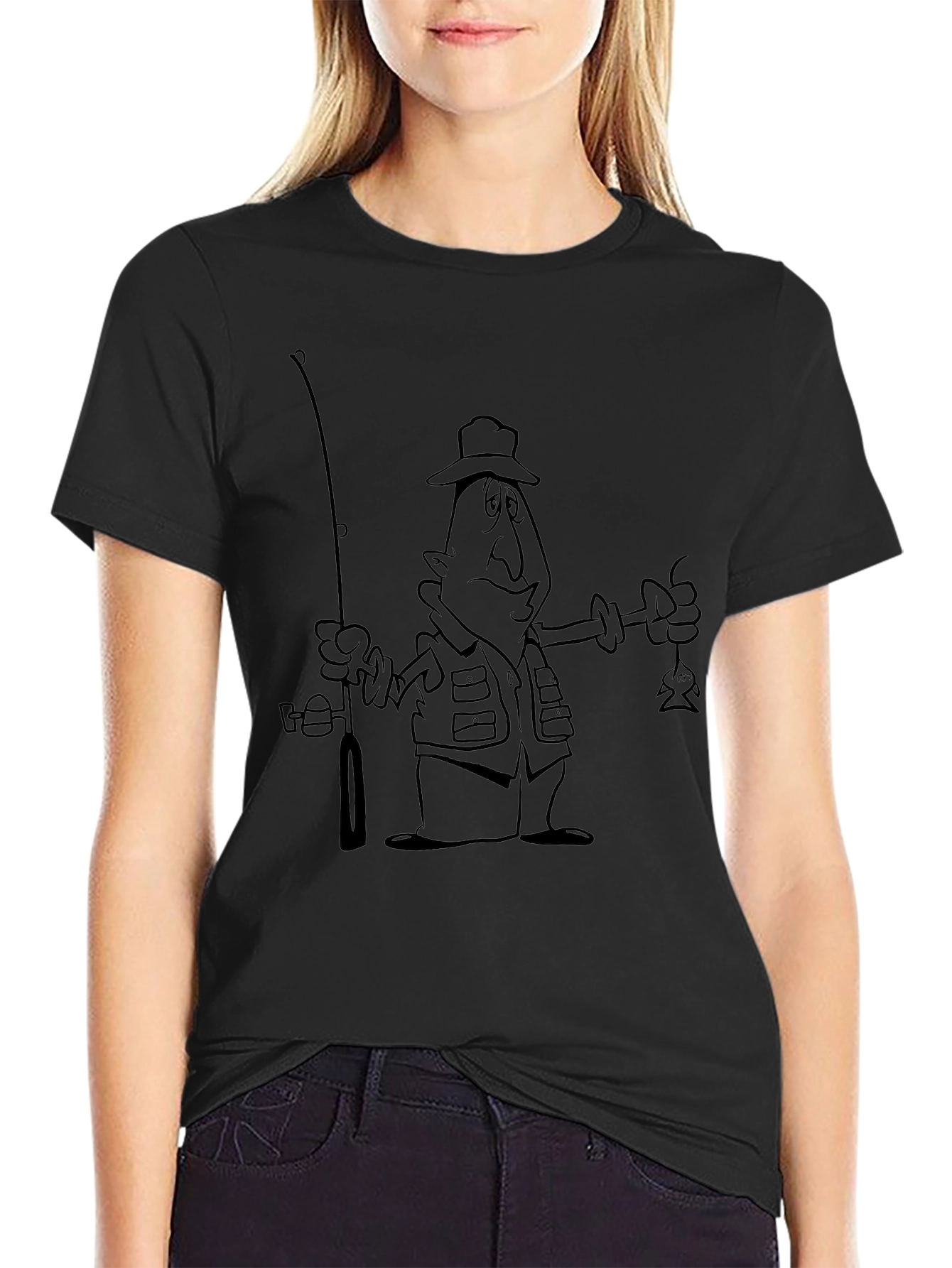 Cartoon Fisherman Black T-Shirt