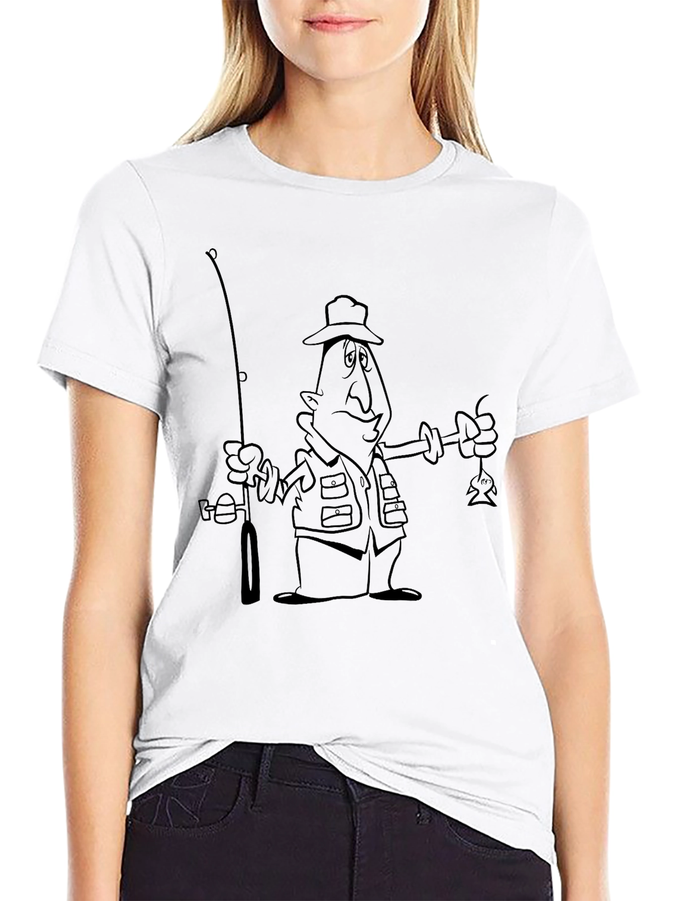Cartoon Fisherman Black T-Shirt