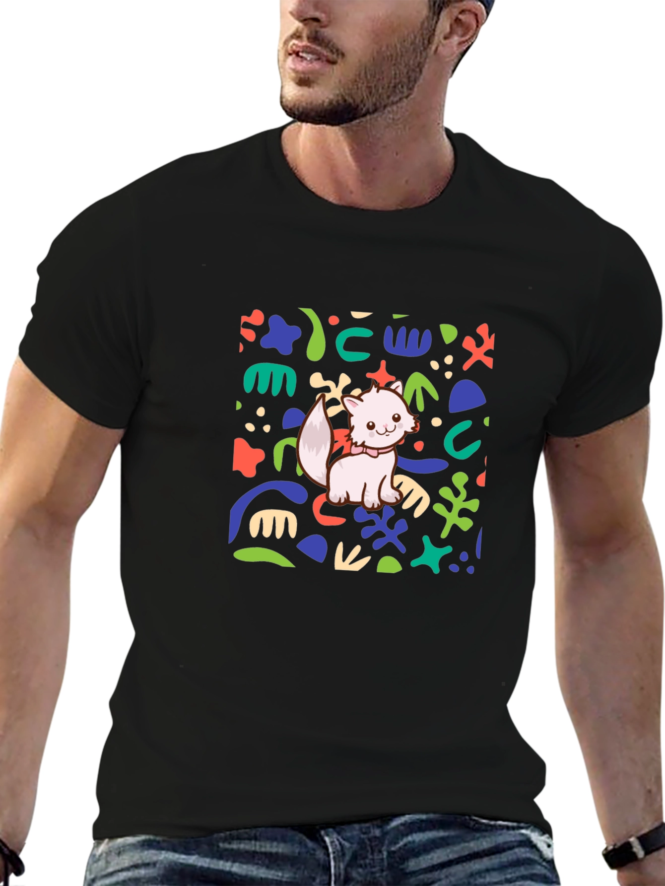 Abstract Cat Graphic Black T-Shirt