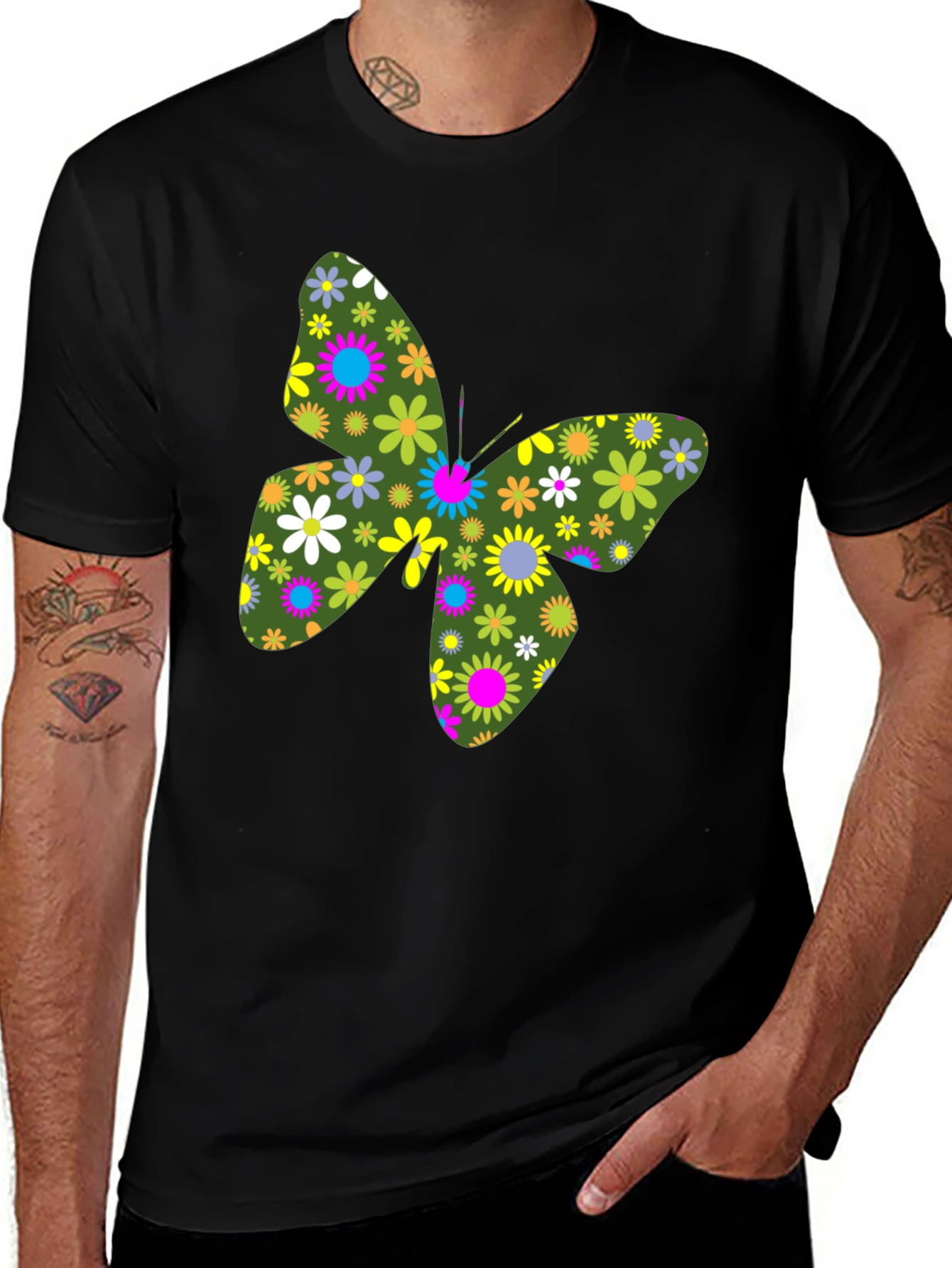Floral Butterfly Graphic Black T-Shirt