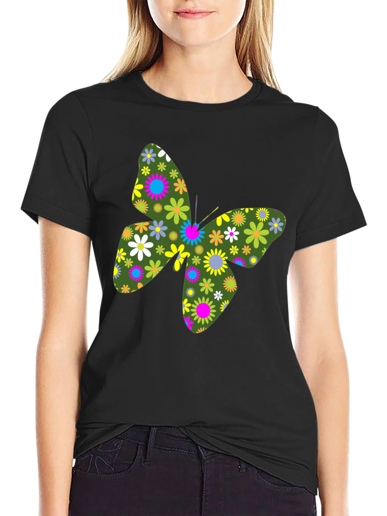 Floral Butterfly Graphic Black T-Shirt