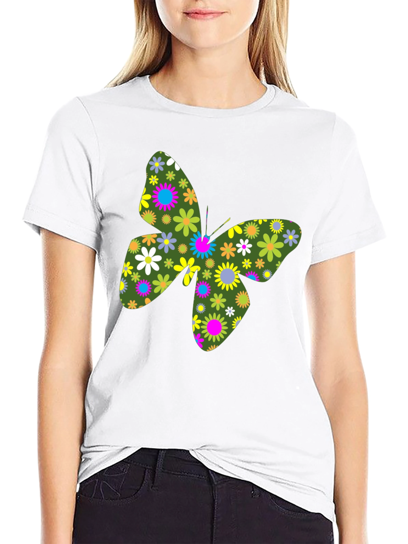 Floral Butterfly Graphic Black T-Shirt