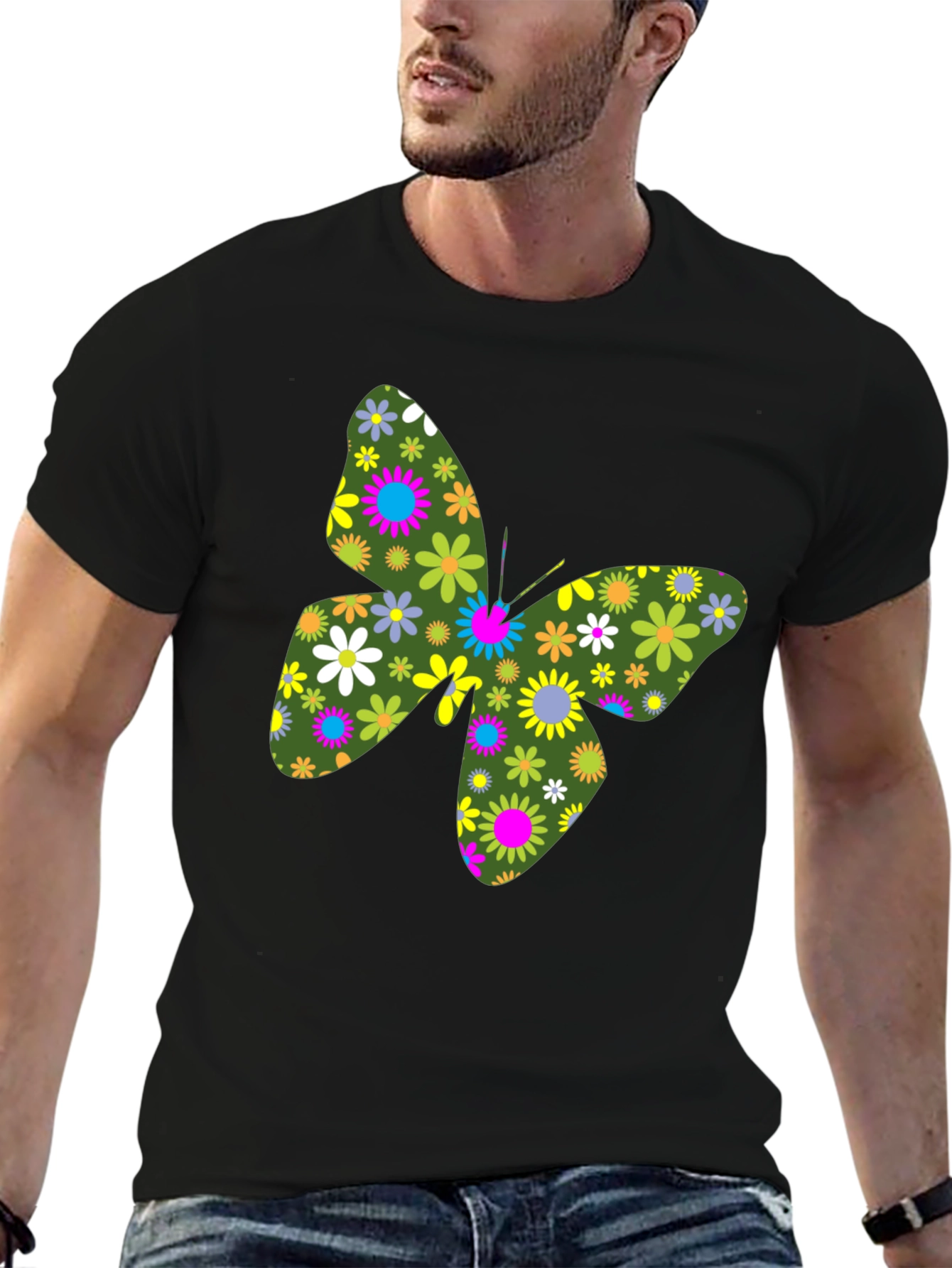 Floral Butterfly Graphic Black T-Shirt