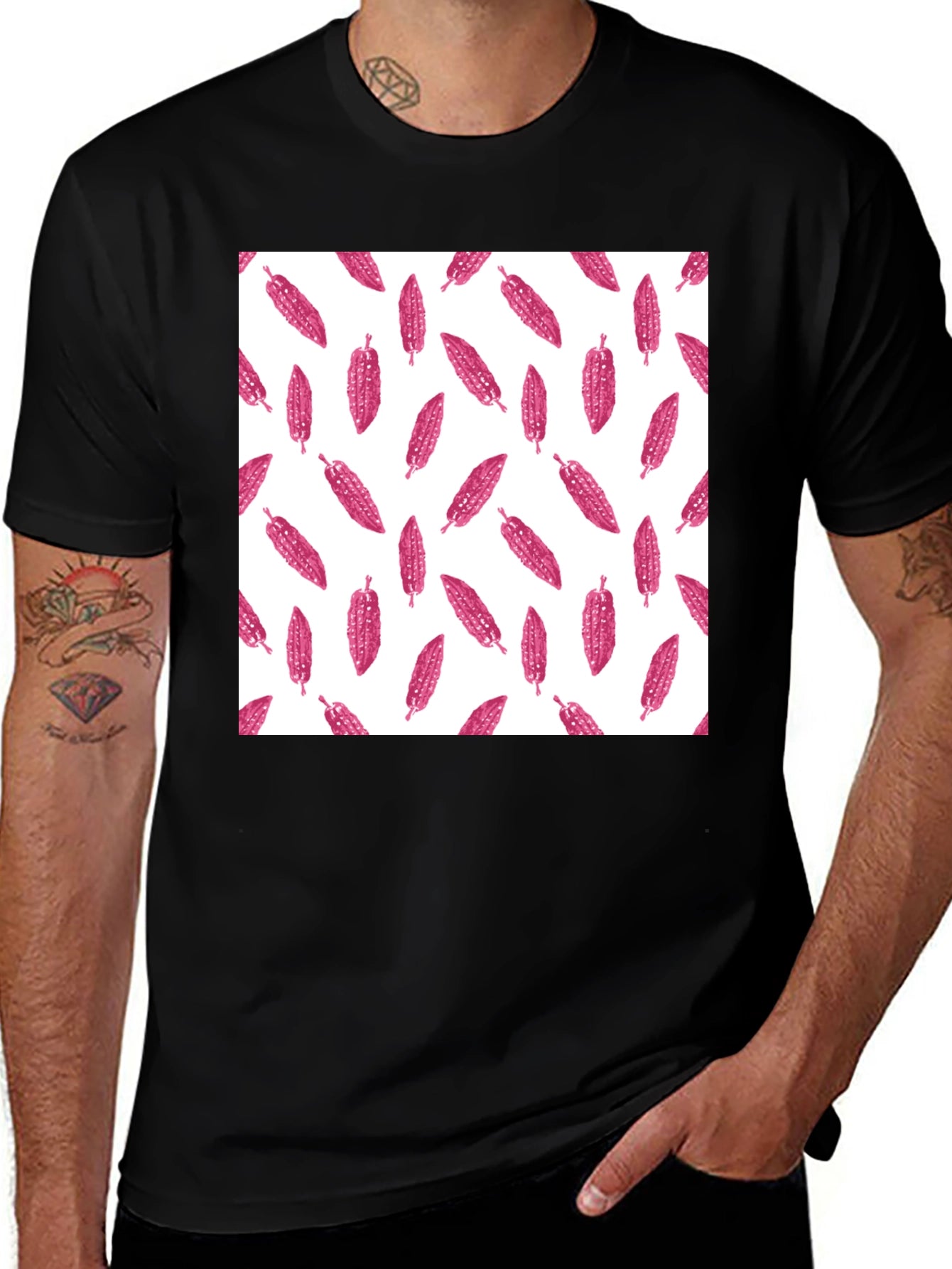 Black Tee with Pink Corn Pattern