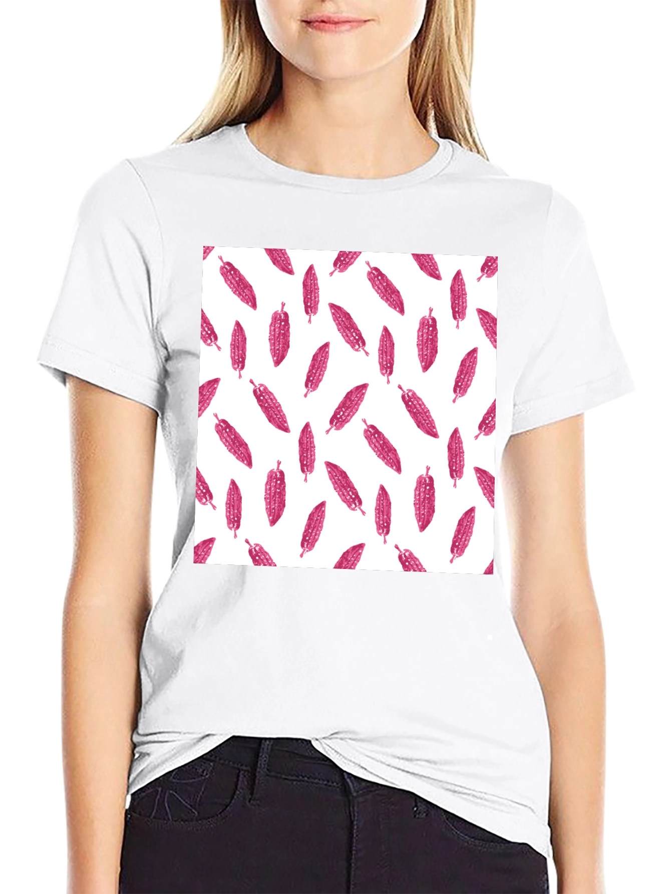 Black Tee with Pink Corn Pattern