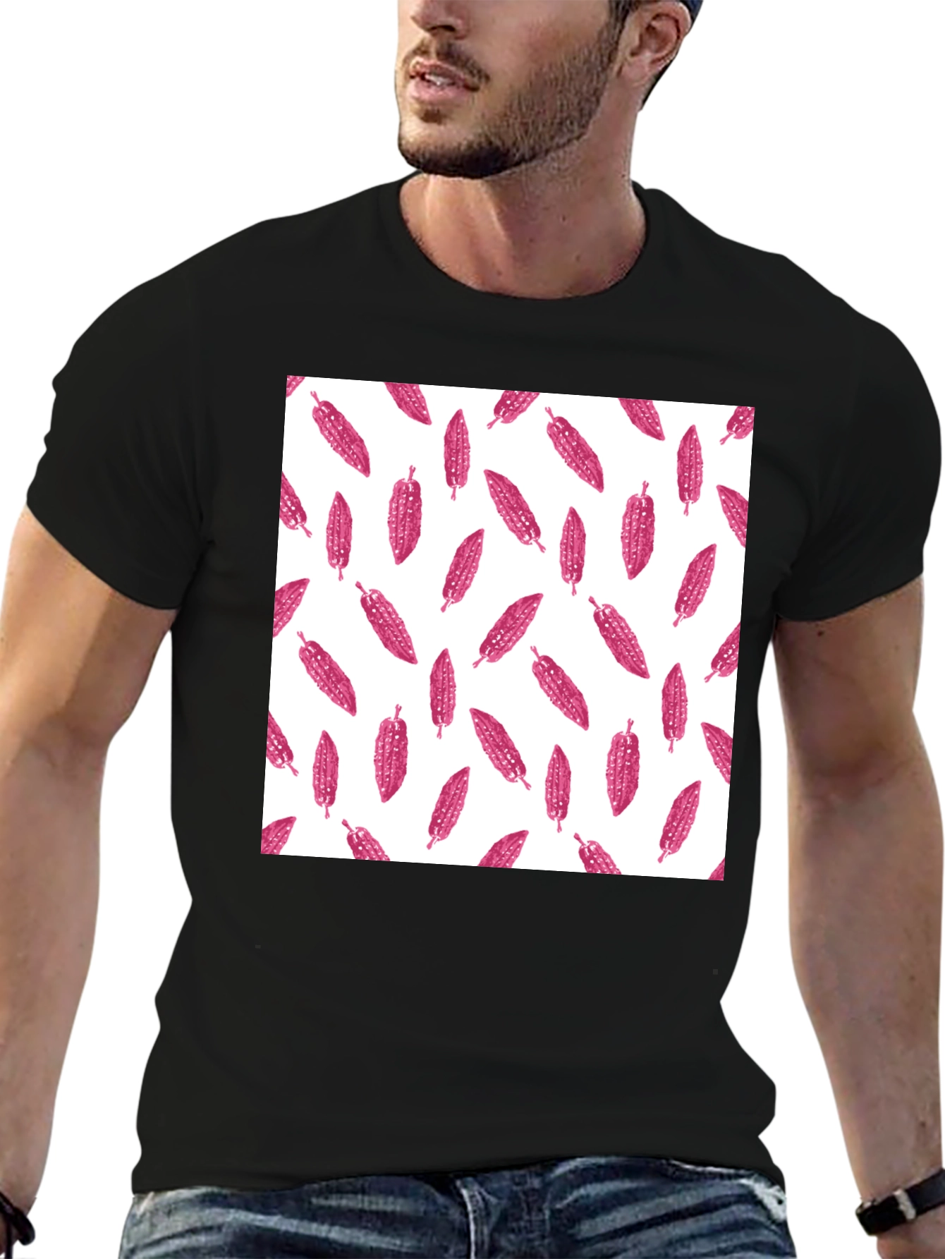 Black Tee with Pink Corn Pattern