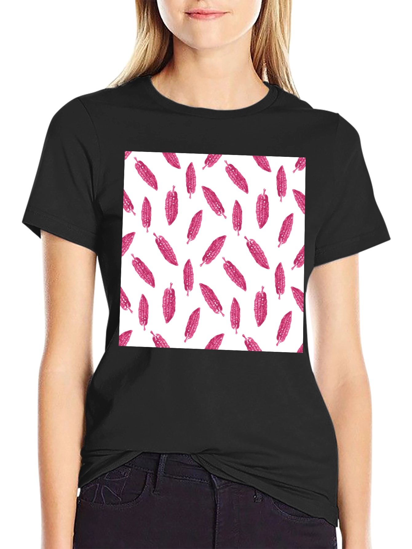 Black Tee with Pink Corn Pattern