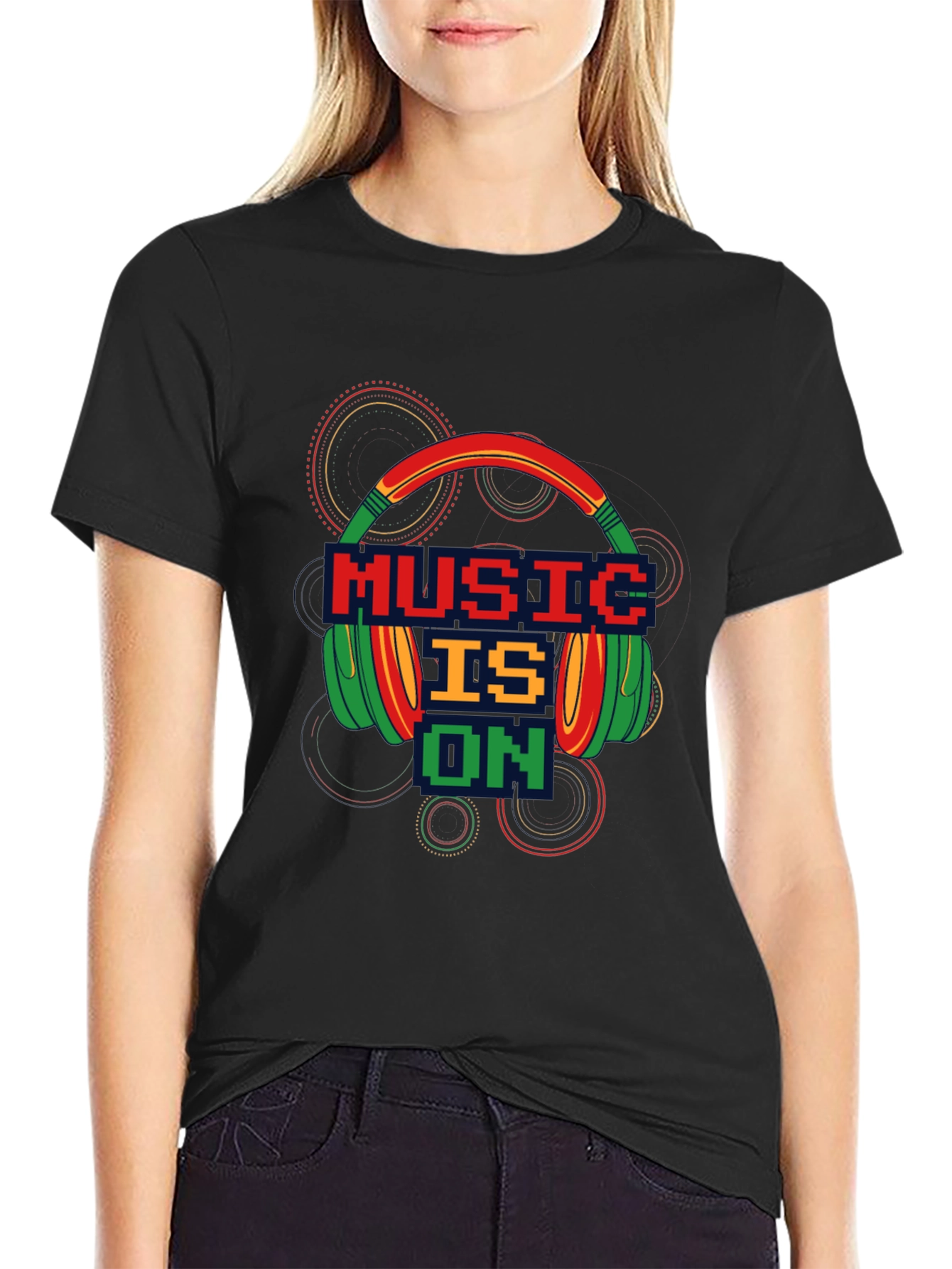 Music is On T-Shirt - Pixel Headphones Design