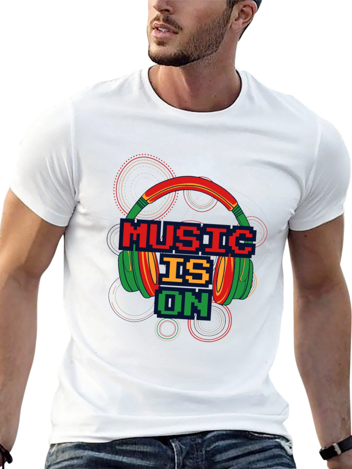 Music is On T-Shirt - Pixel Headphones Design