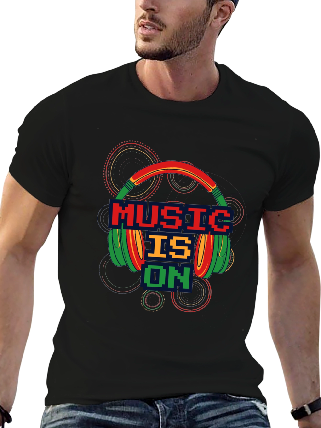 Music is On T-Shirt - Pixel Headphones Design