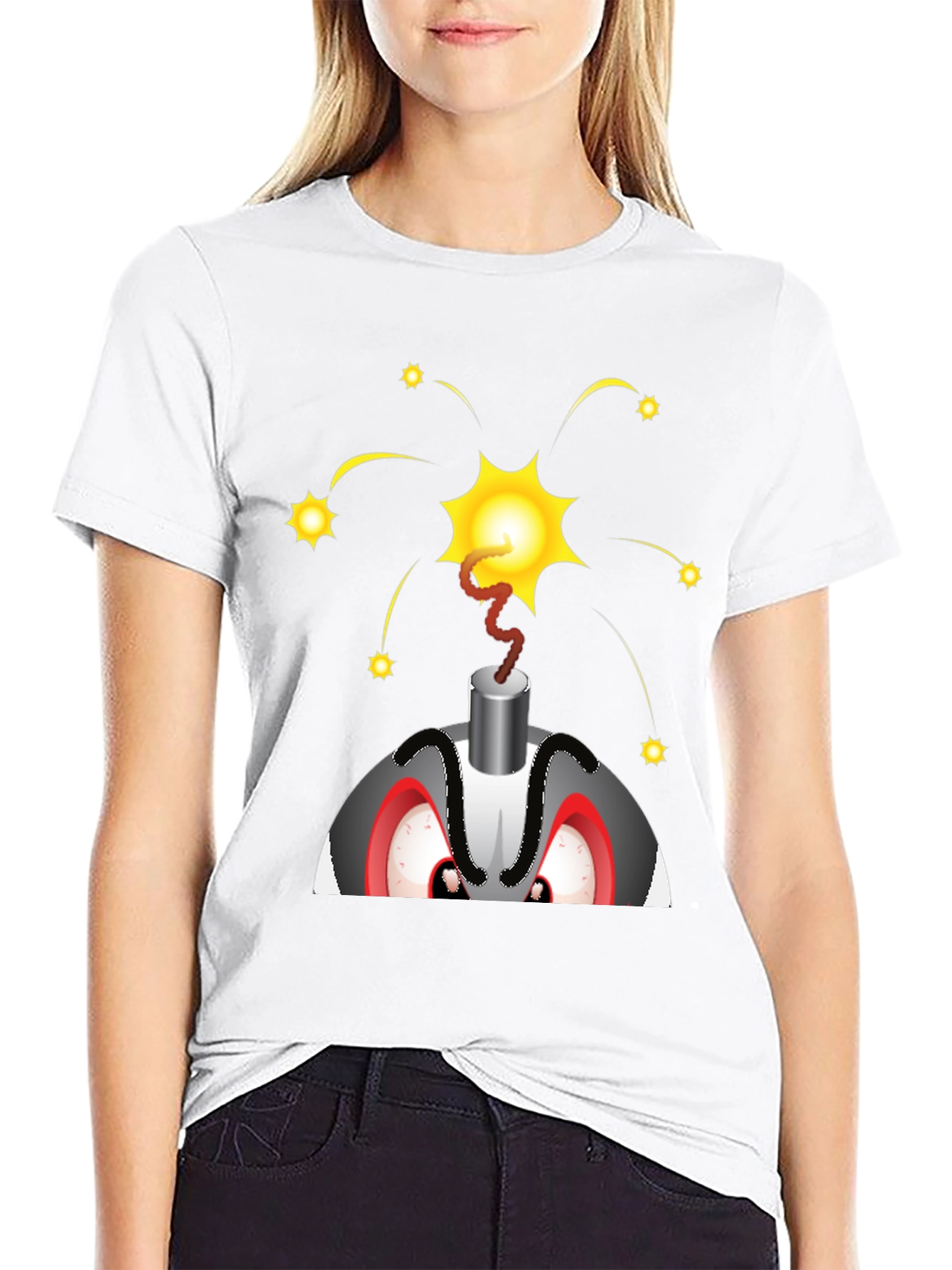 Explosive Cartoon Bomb Graphic Tee - Black Cotton Shirt