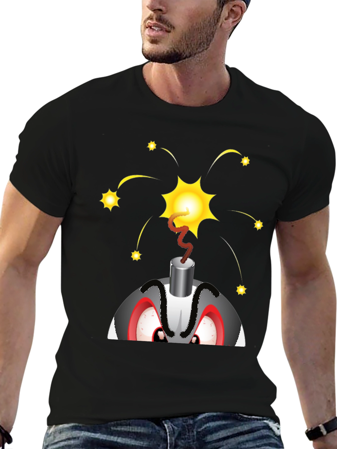Explosive Cartoon Bomb Graphic Tee - Black Cotton Shirt