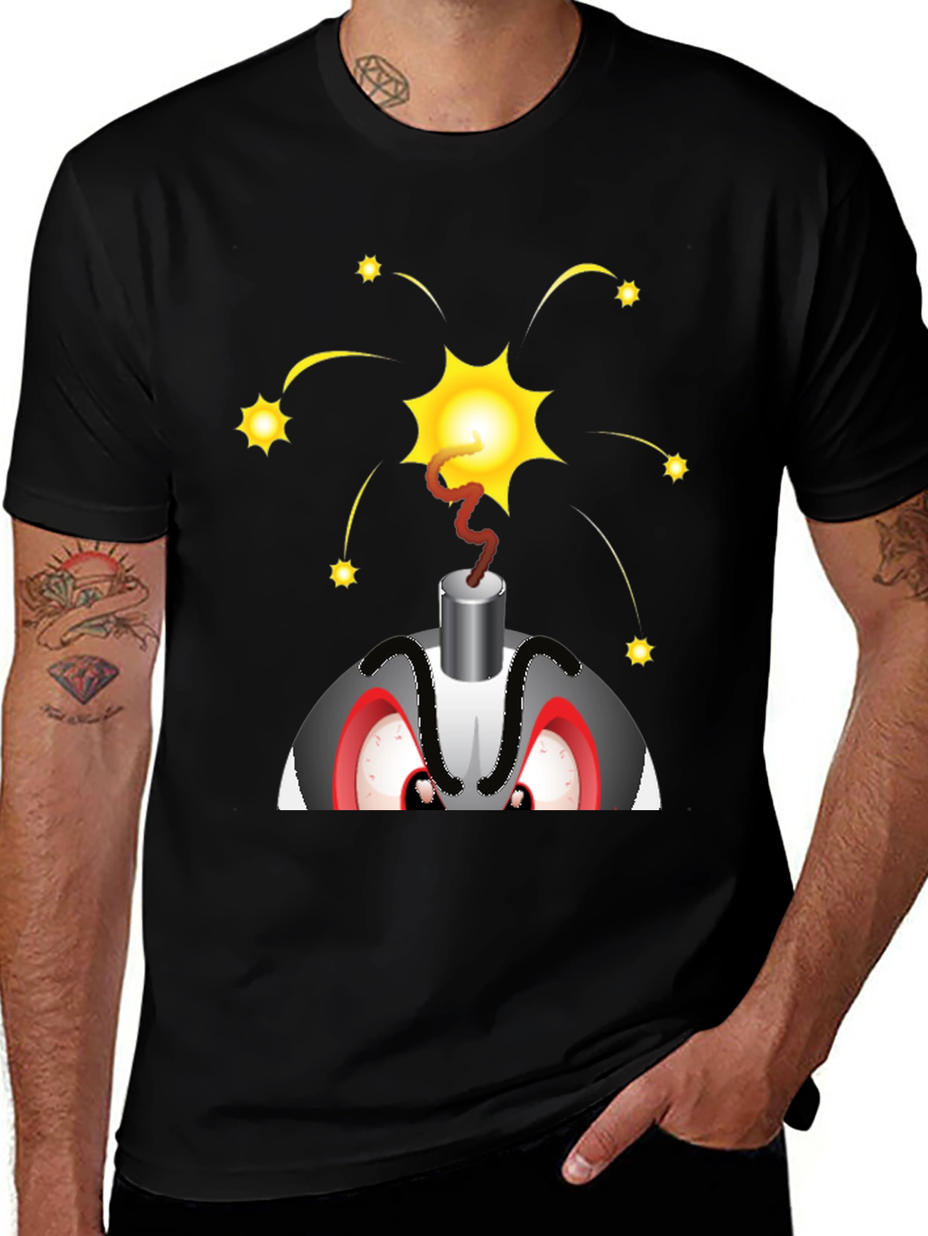 Explosive Cartoon Bomb Graphic Tee - Black Cotton Shirt