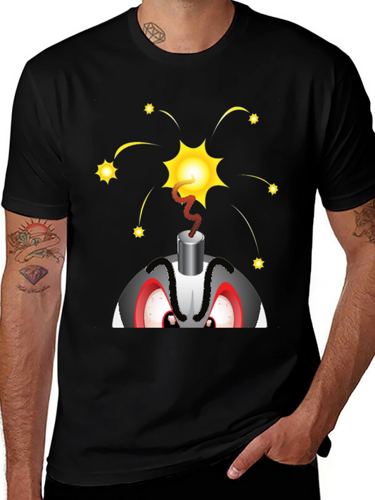 Explosive Cartoon Bomb Graphic Tee - Black Cotton Shirt