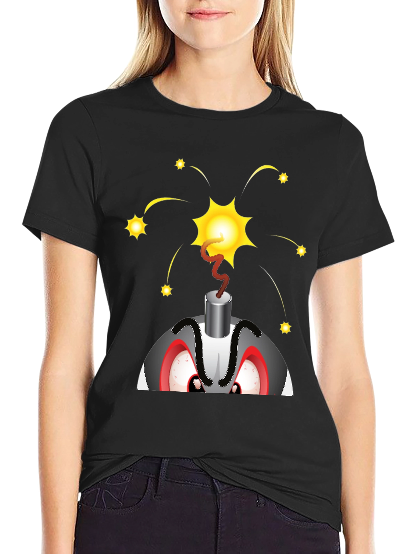 Explosive Cartoon Bomb Graphic Tee - Black Cotton Shirt