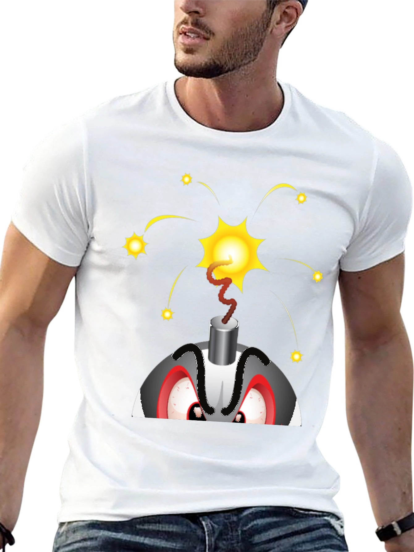 Explosive Cartoon Bomb Graphic Tee - Black Cotton Shirt
