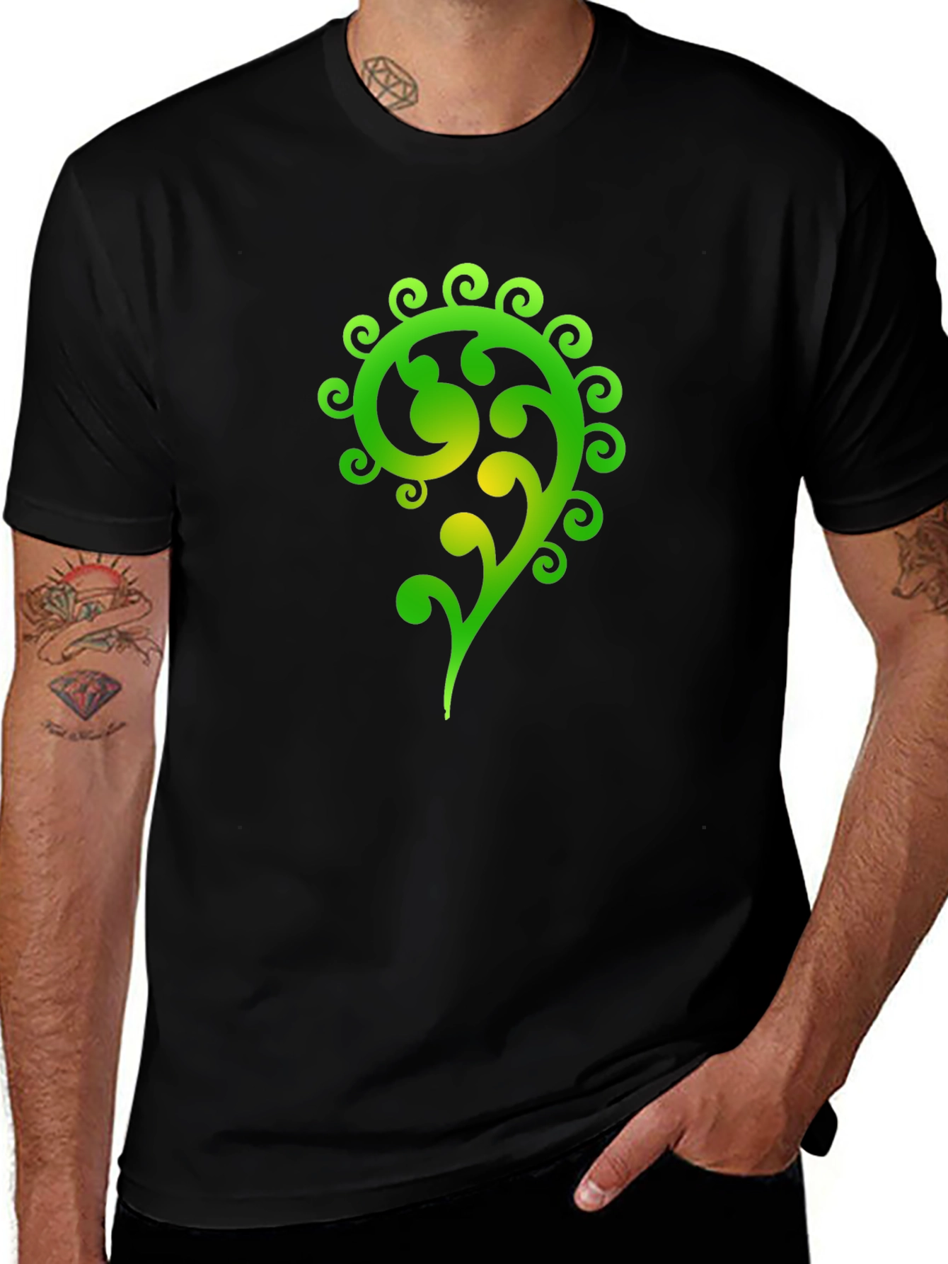 Green Swirl Graphic Black T-Shirt