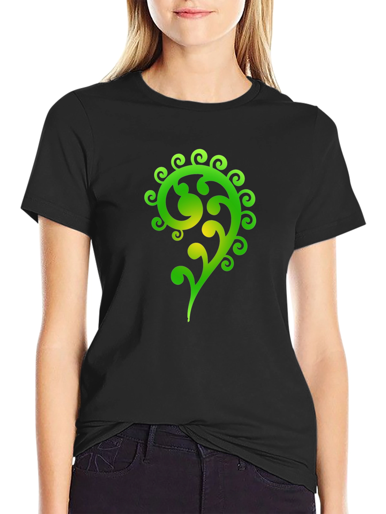 Green Swirl Graphic Black T-Shirt