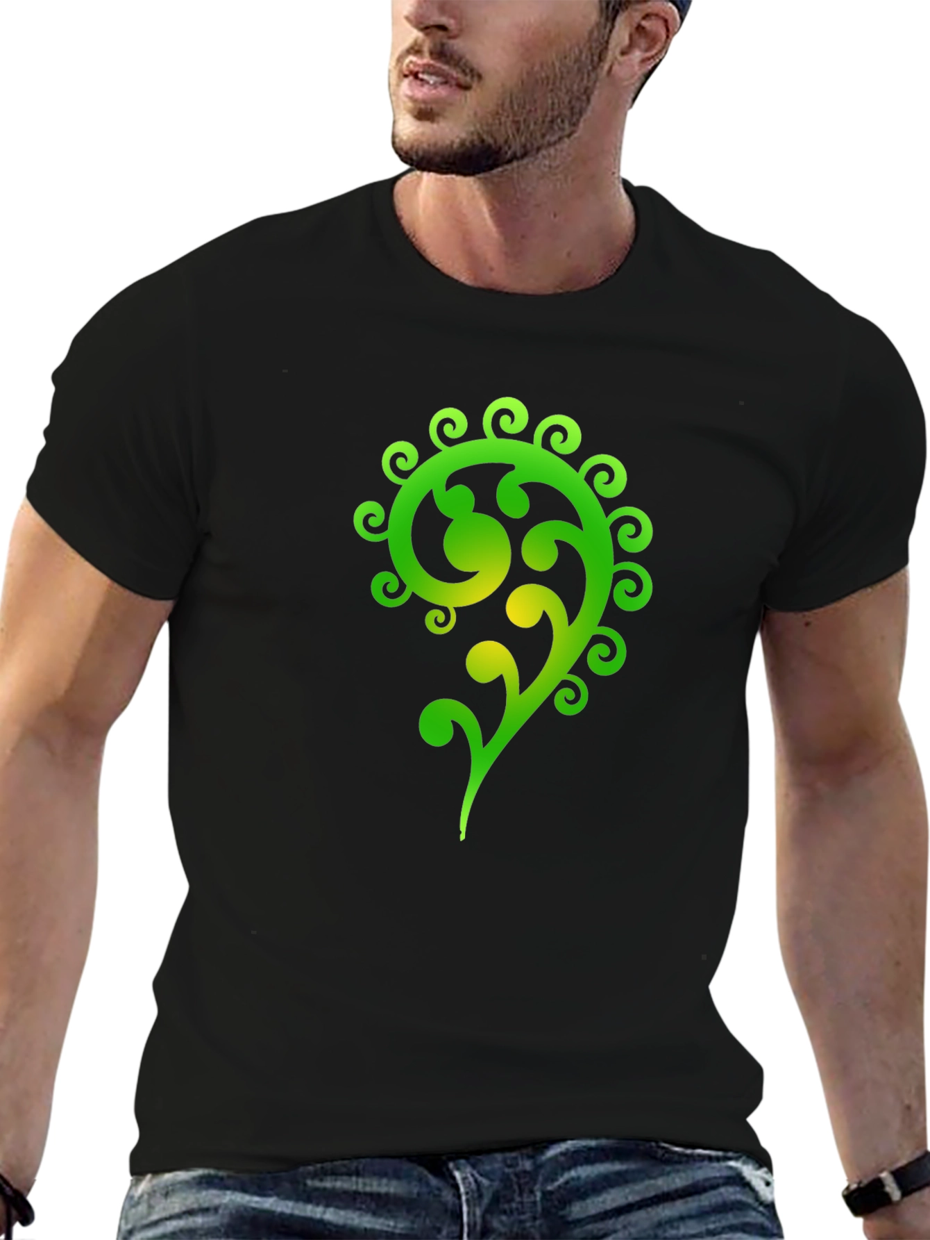 Green Swirl Graphic Black T-Shirt