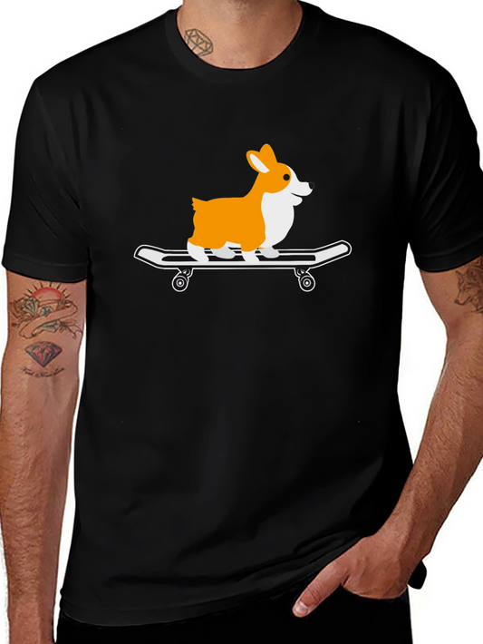 Corgi Skateboard Graphic Tee - Casual Black T-Shirt