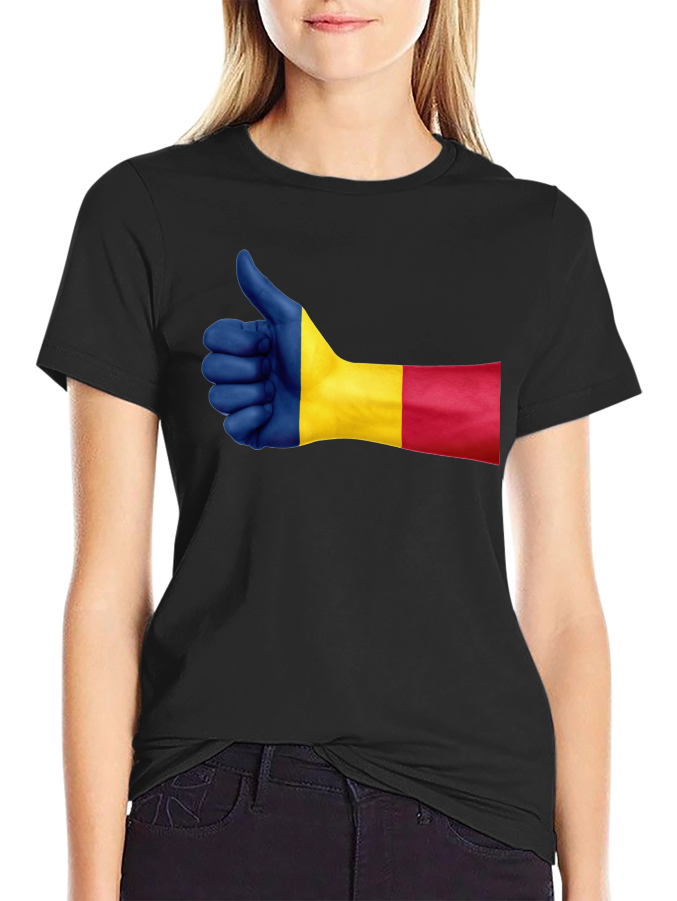 Romania Flag Thumbs Up Graphic Tee - Black