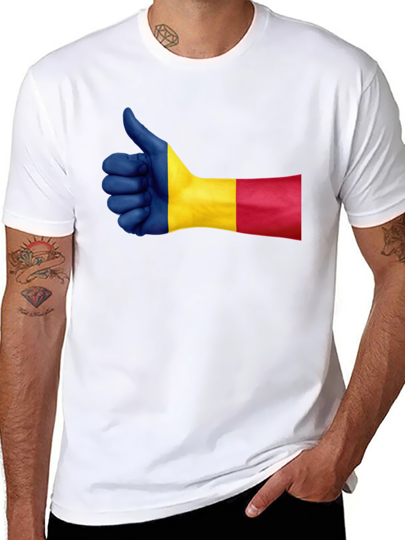 Romania Flag Thumbs Up Graphic Tee - Black