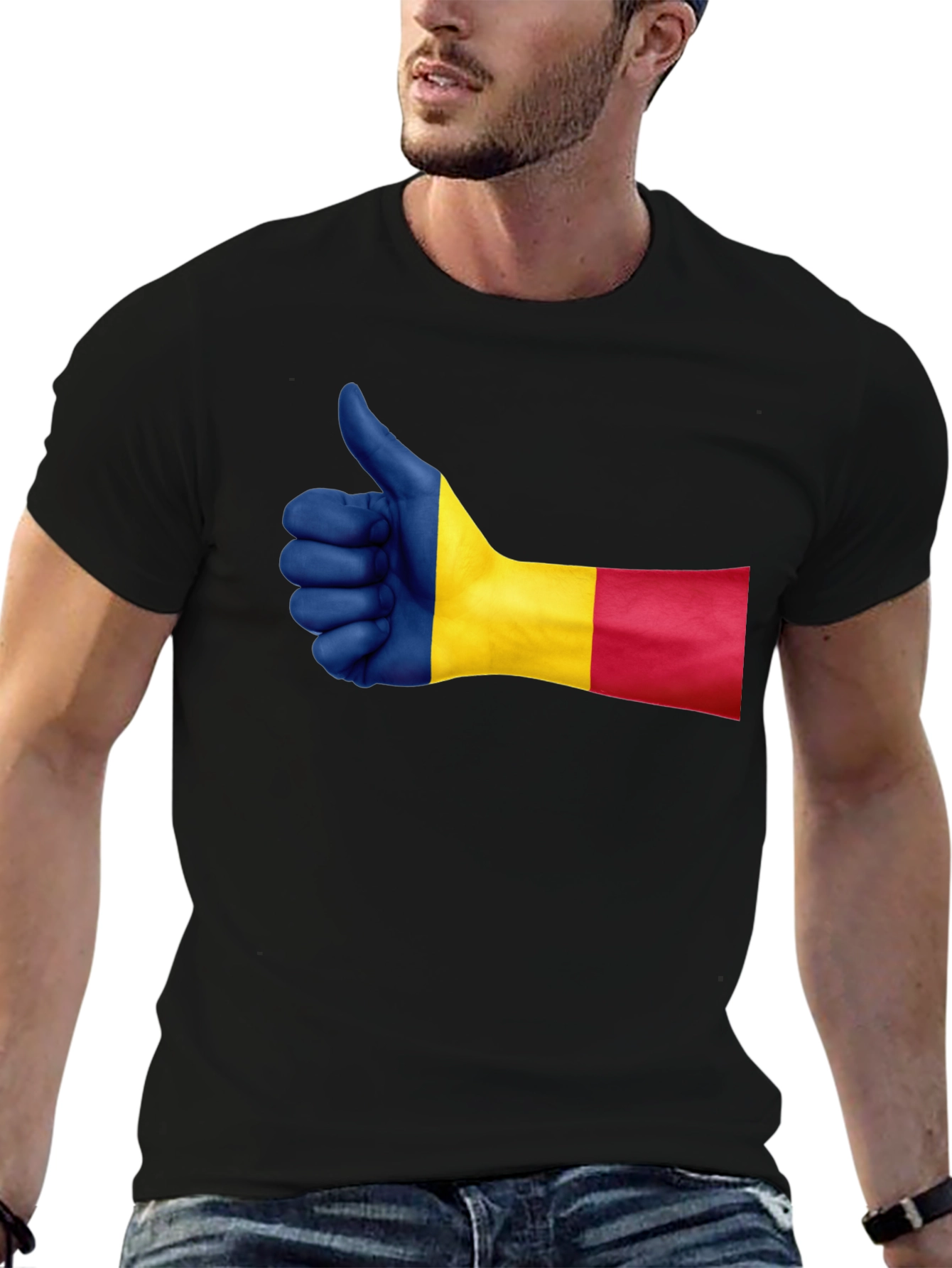 Romania Flag Thumbs Up Graphic Tee - Black