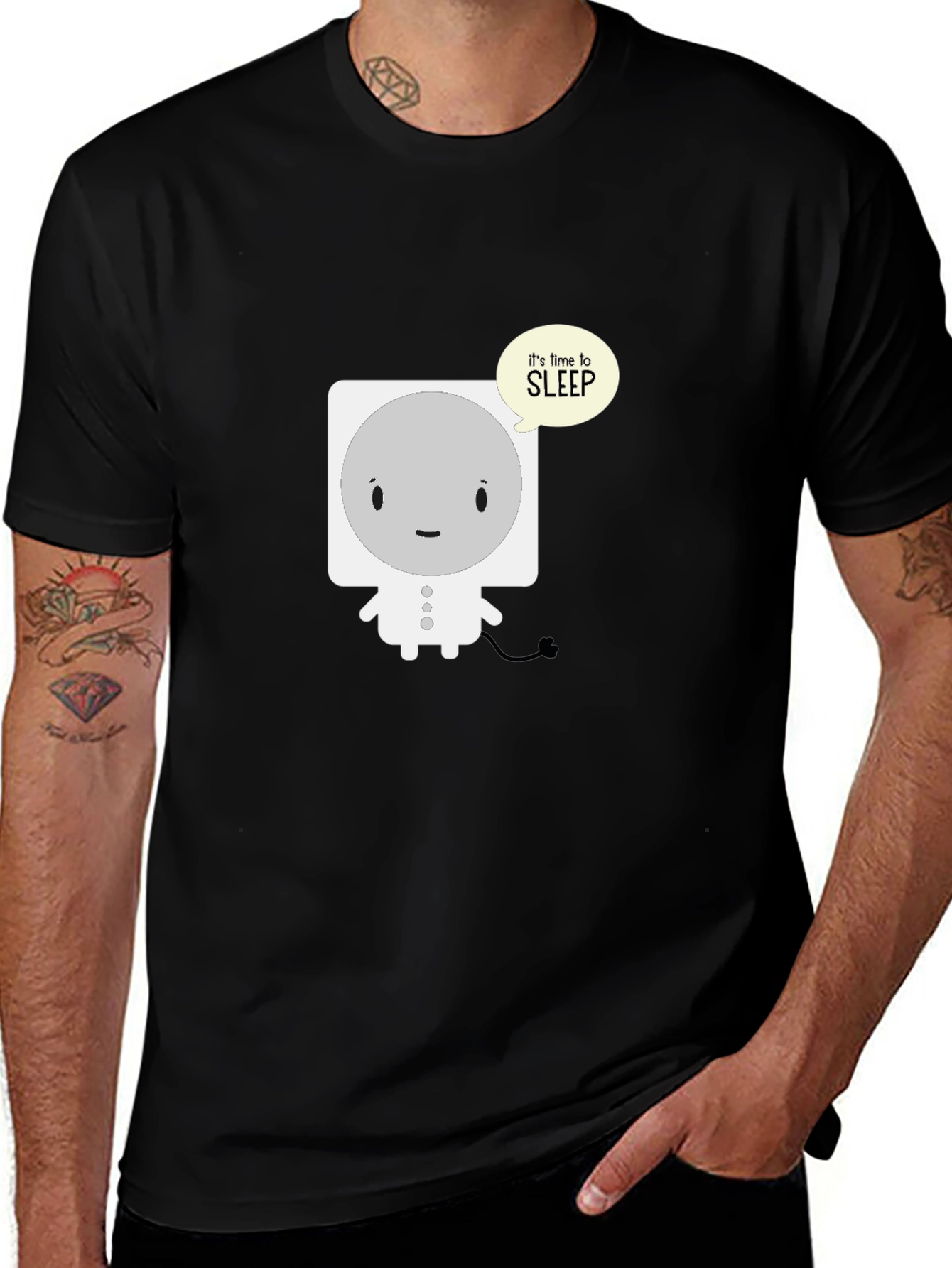 Cute Sleepy Robot Black T-Shirt