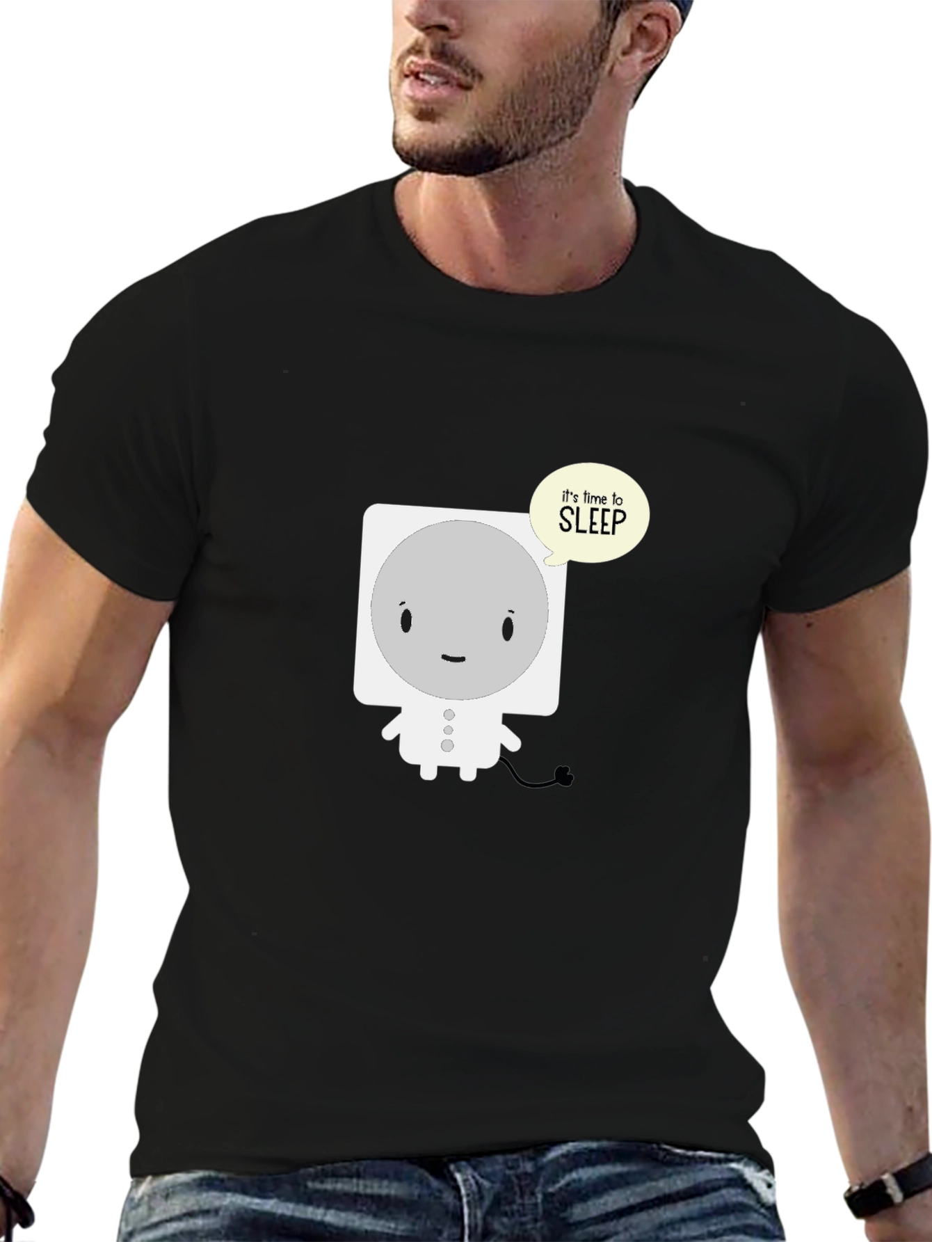 Cute Sleepy Robot Black T-Shirt