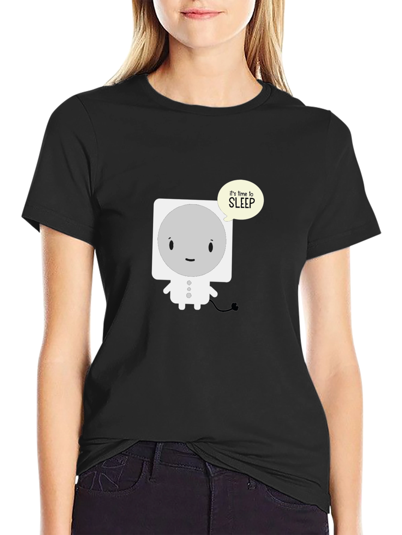 Cute Sleepy Robot Black T-Shirt