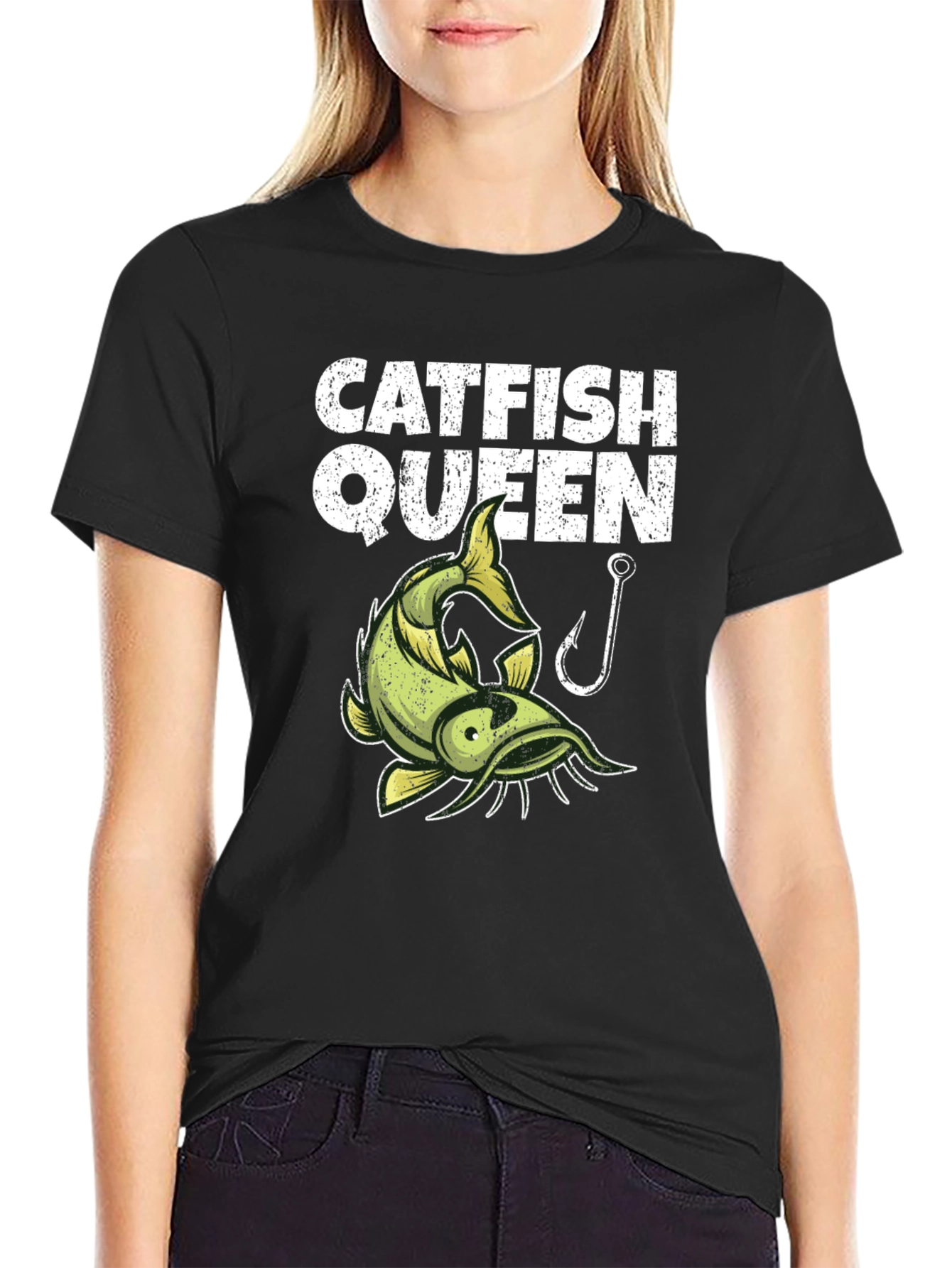 Catfish Queen Graphic T-Shirt - Black Fishing Design