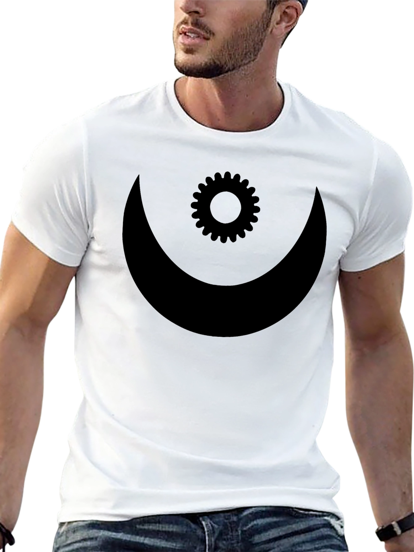 Mens Black T-Shirt with Crescent Moon and Gear Design