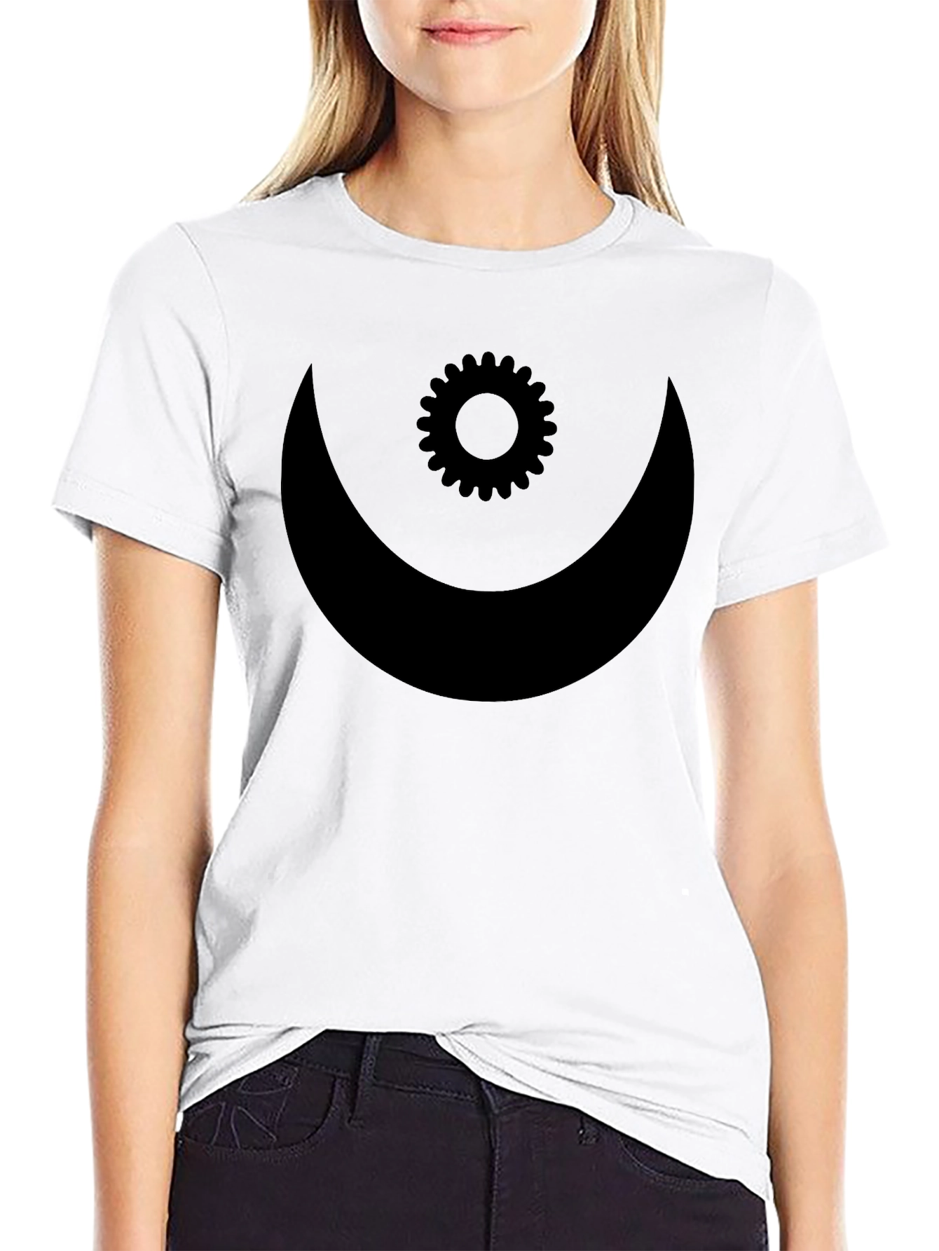 Mens Black T-Shirt with Crescent Moon and Gear Design