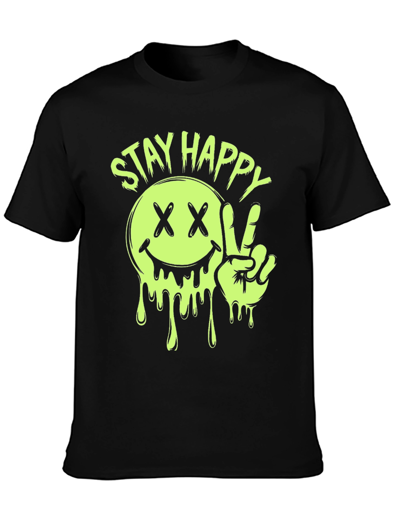 Stay Happy Smiley Face Graphic Tee - Black