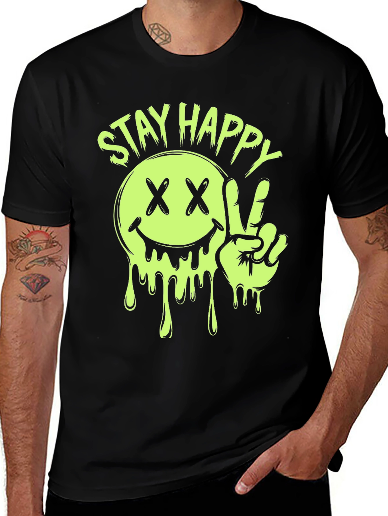 Stay Happy Smiley Face Graphic Tee - Black