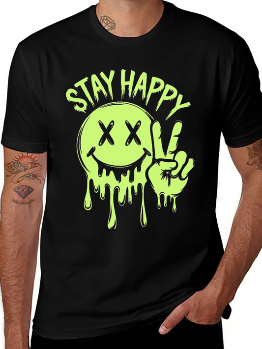 Stay Happy Smiley Face Graphic Tee - Black